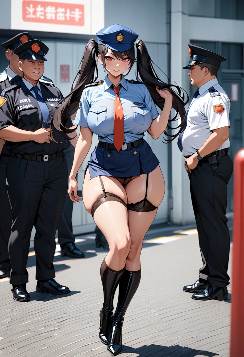 A sexy women, sexy body, curvy body, long straight black hair, twintail hair, red eyes, sexy lips, make up, red colored eyeline, smile, big breasts, sexy hips, sexy expression, anatomically correct, super detail, high quality, highres, 4K, (full body shot), security guard officer, security uniform, security hat, garter belts, stockings, highheels boots, necktie