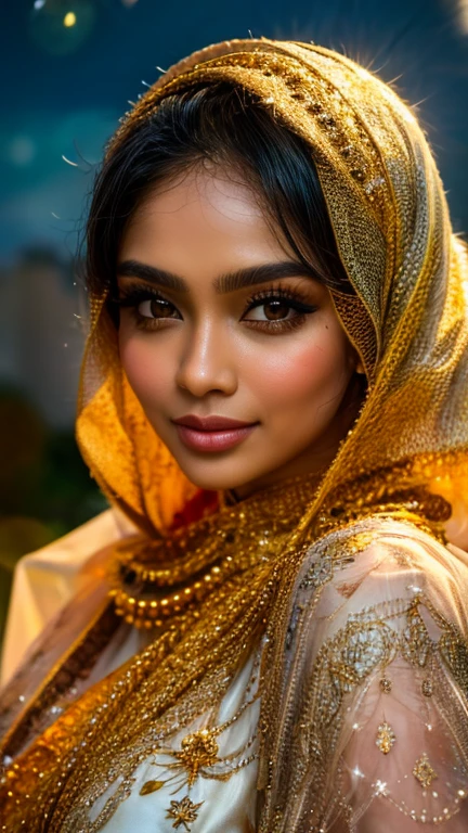 A Malay goddess in a hijab and a gold lace veil, night, full moon,  stars, fireflies, ((ultra sharp, high quality, masterpiece)), detailed detail, close up,