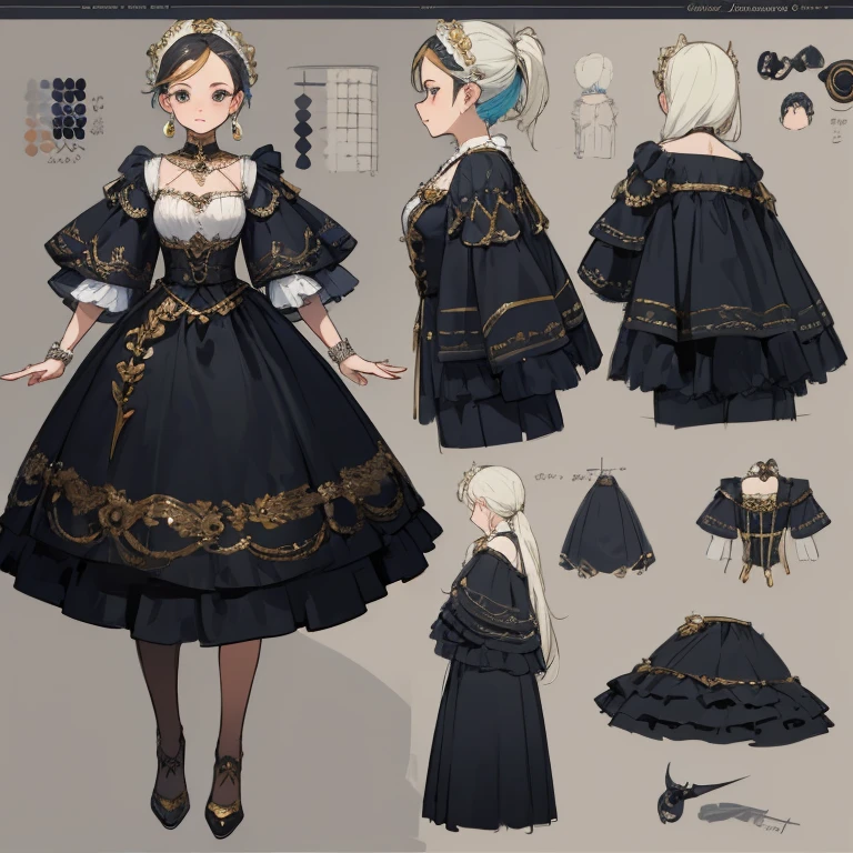 modern rococo clothing design clothing design sheet, Character Design Sheet, Colorful designs, texturas y capas detalladas, Jeweler&#39;s, flores, exuberante y brilloso, reflectivo