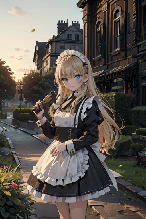 (8k, highest quality, Tabletop:1.2)、Ultra-high resolution, 14-year-old girl, Perfect Fingers, Detailed face, blue eyes, blonde, Straight hair, Long Hair, Black maid outfit, Western-style building、garden、Pistol、Ready your Pistol