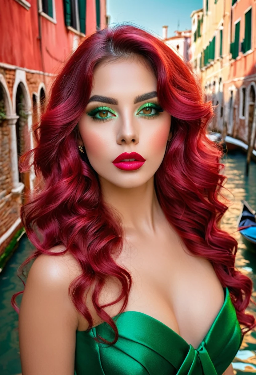 Una hermosa mujer con un vestido rojo con detalles dorados cabello ondulado color rojo ojos verdes labios en rosado se encuentra en un canal de Venecia