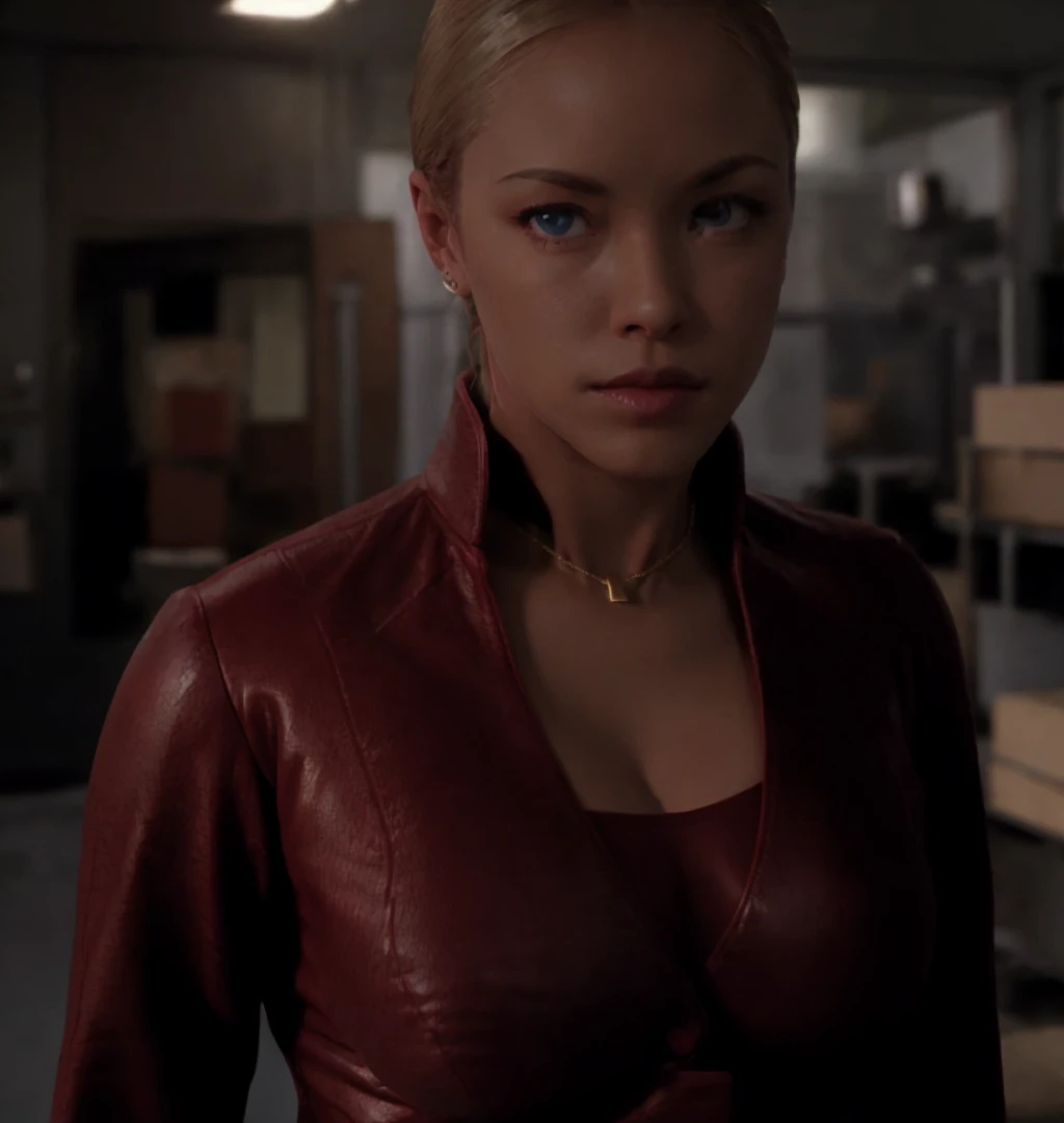 T3RMKL0K, blue eyed, medium to large breast size, perked cleavage, cleavage, red outfit, gold necklace
