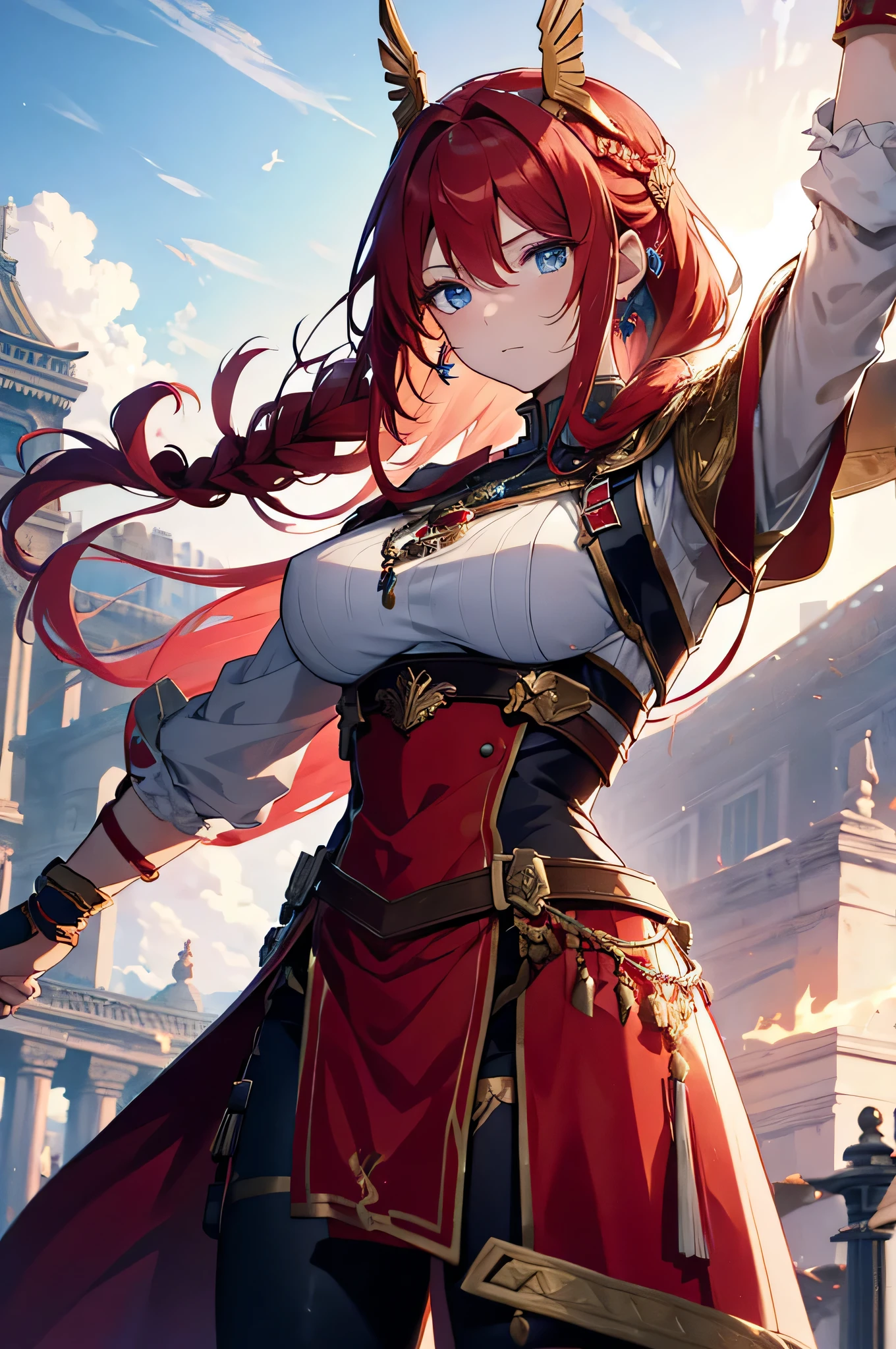 4k,High resolution,One Woman,Red Hair,Long Ponytail,Braid,Blue Eyes,Big Breasts,Valkyrie,Red sacred armor,Winged headgear,Gold decoration,Jewelry decoration,Great Holy Sword,Temple in the Sky