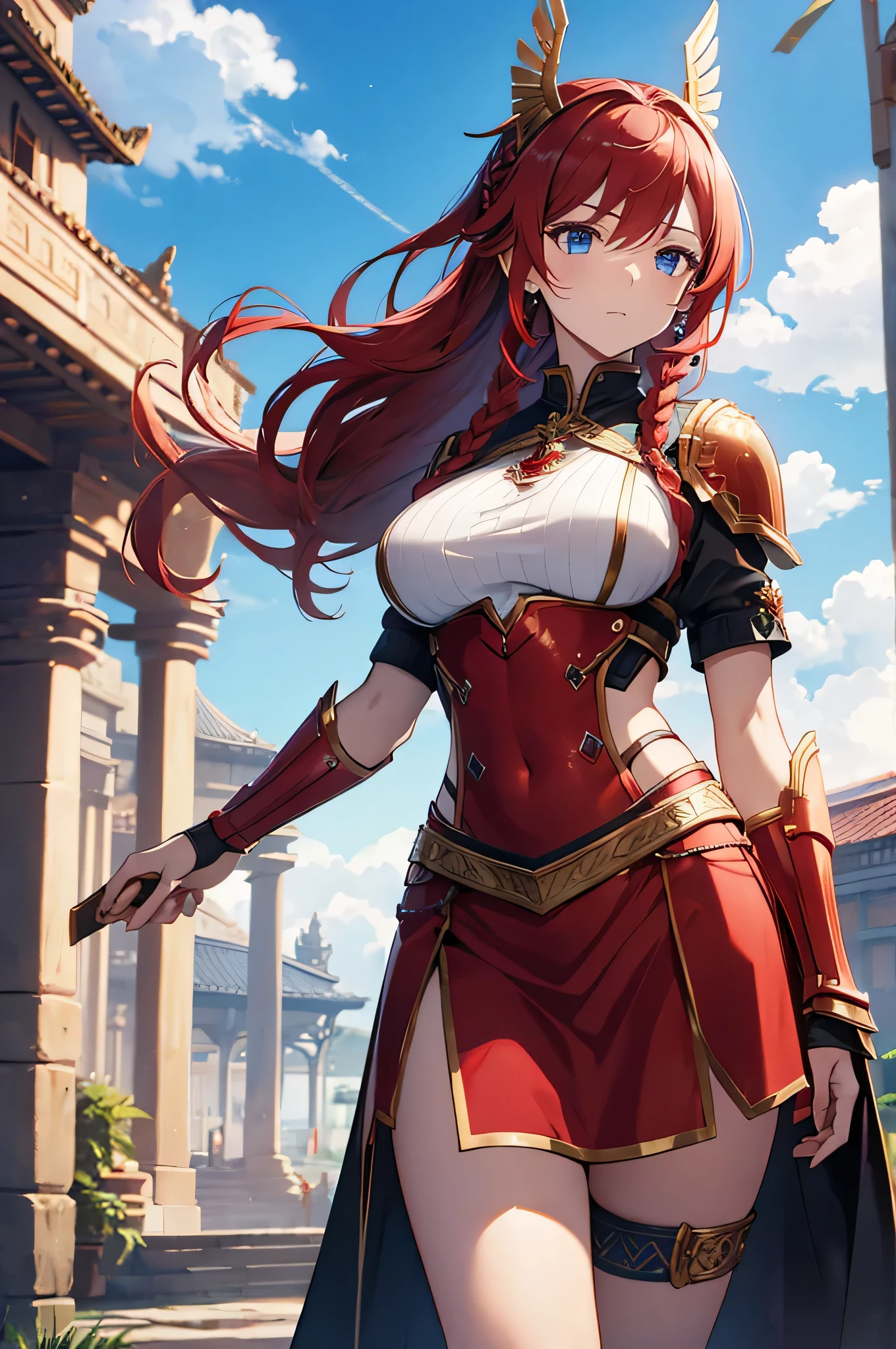 4k,High resolution,One Woman,Red Hair,Long Ponytail,Braid,Blue Eyes,Big Breasts,Valkyrie,Red sacred armor,Winged headgear,Gold decoration,Jewelry decoration,Great Holy Sword,Temple in the Sky