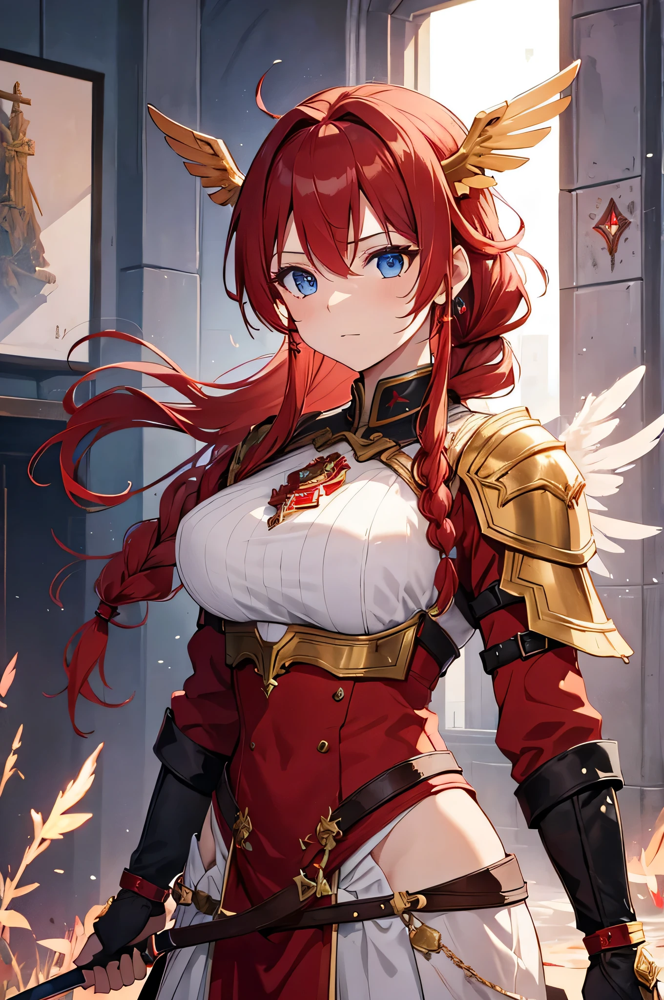 4k,High resolution,One Woman,Red Hair,Long Ponytail,Braid,Blue Eyes,Big Breasts,Valkyrie,Red sacred armor,Winged headgear,Gold decoration,Jewelry decoration,Great Holy Sword,Temple in the Sky