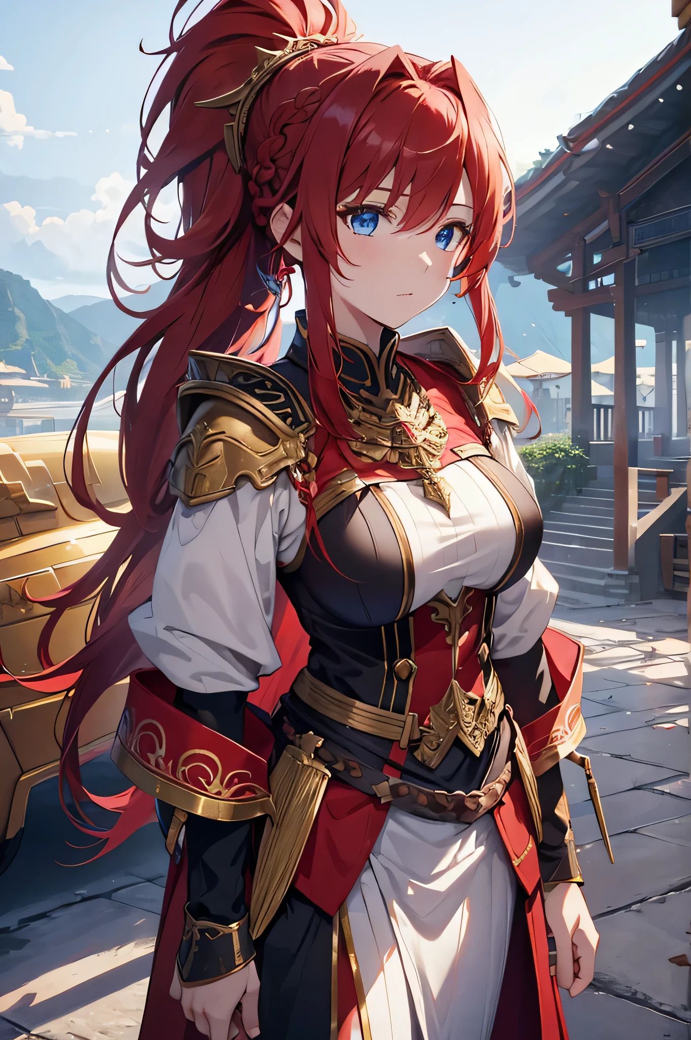 4K,High resolution,One Woman,Red Hair,long hair,Braid,Blue Eyes,,Ancient Chinese Generals,White Chinese dress,Sideboob,ancient chinese crown,Long sword,Ancient Chinese Villages