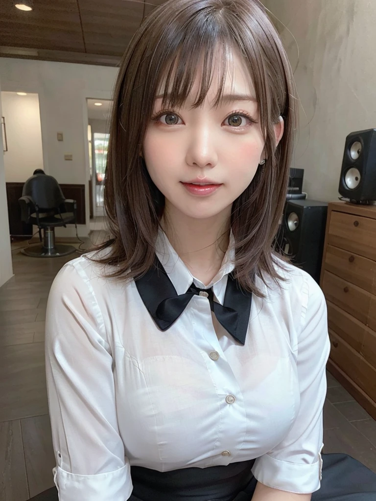 (8k, highest quality, masterpiece:1.2), (Realistic, Photorealistic:1.37), Ultra-detailed, One Girl, Esbian all over, outside of home, (Tuned Hair:1.5) office lady, black office blazer, Office Skirt, (pantyhose: 1.2)、(Short Button Down Shirt:1.2)、Button-up collar prim、Button-down collar prim、here、(pantyhose:1.2)、Alpha Layer、High heels、Earrings Beautiful、cute、Nogizaka、solo、Beautifully detailed skies、(Laughter:1.15)、(Mouth closed)、Mid-breasted、Beautiful details in the eyes、business suit、（short hair：1.2）、