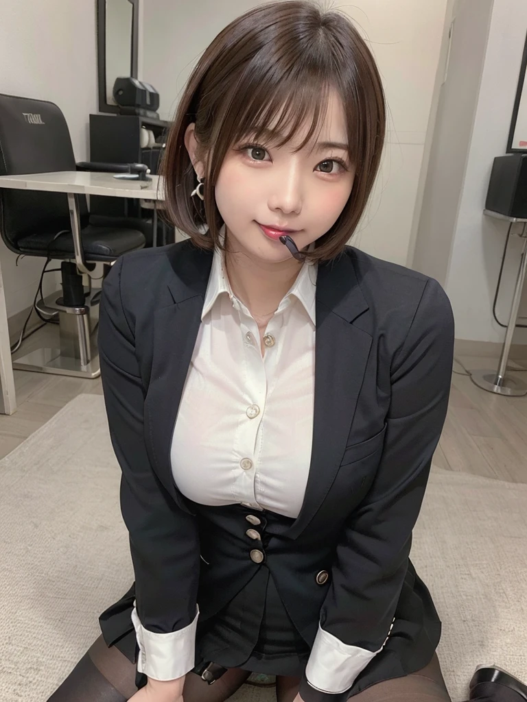 (8k, highest quality, masterpiece:1.2), (Realistic, Photorealistic:1.37), Ultra-detailed, One Girl, Esbian all over, outside of home, (Tuned Hair:1.5) office lady, black office blazer, Office Skirt, (pantyhose: 1.2)、(Short Button Down Shirt:1.2)、Button-up collar prim、Button-down collar prim、here、(pantyhose:1.2)、Alpha Layer、High heels、Earrings Beautiful、cute、Nogizaka、solo、Beautifully detailed skies、(Laughter:1.15)、(Mouth closed)、Mid-breasted、Beautiful details in the eyes、business suit、(short hair:1.2)、