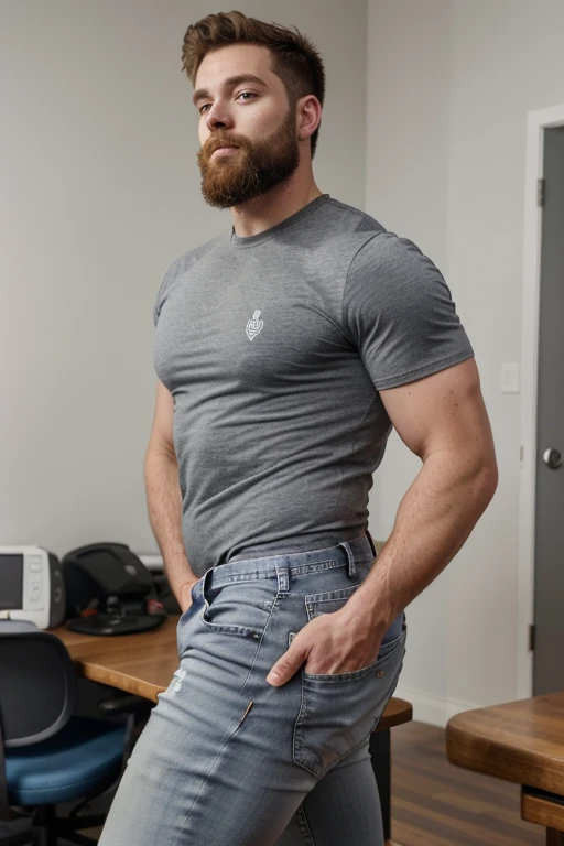 Un hombre con la cara se parece a braden werch., Su cuerpo es musculoso y pe barba dentada. Full body. Camisa Fajada,((big butt)) gray jeans, backside manly