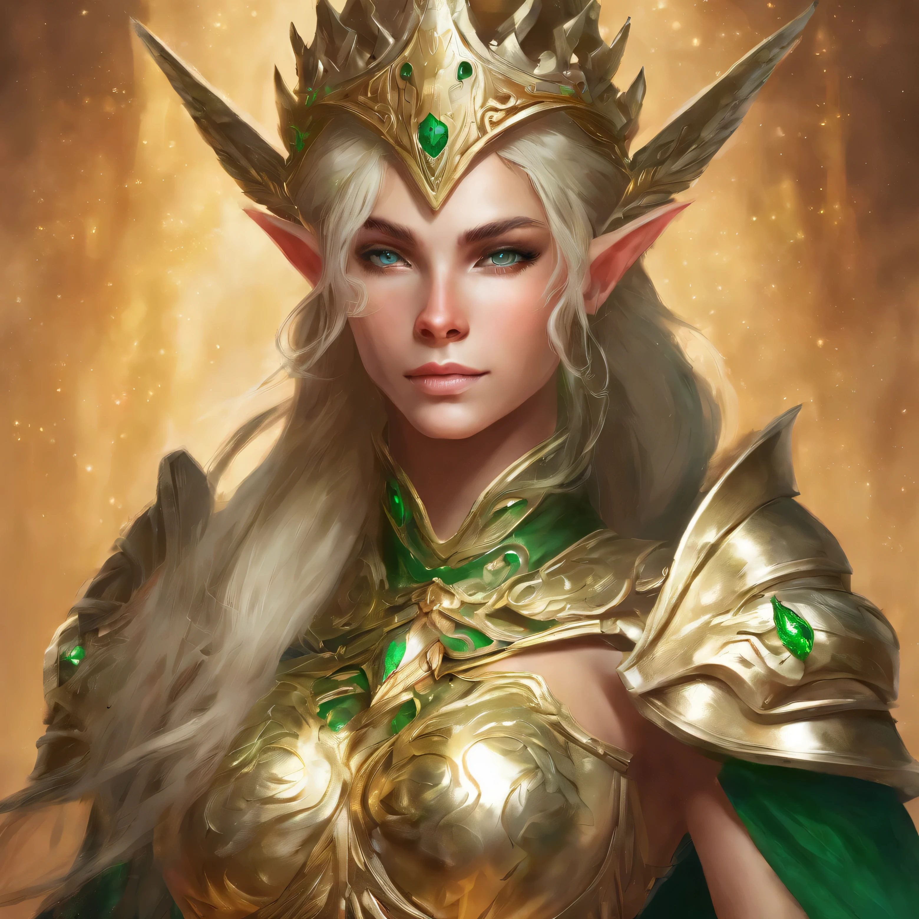 High elf, skyrim, beautiful, highly detailed, light gold skin with emerald colored eyes, messy shoulder length hair thats full and silky, wearing gold saint armor, holding a heart of fire in one hand and a calm spell in the other