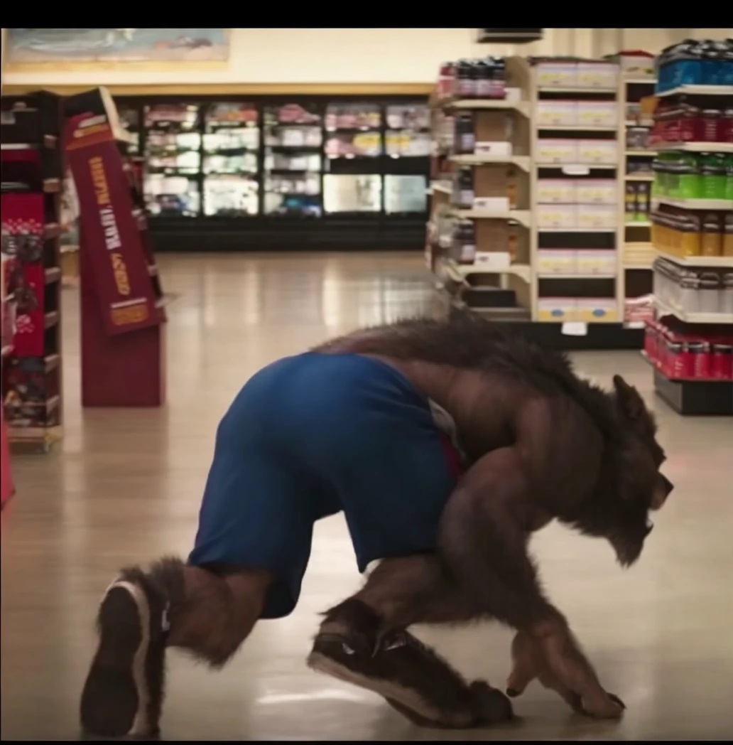 anthro, brown werewolf, male, adult, muscles, sexy, buffed body, beefy body, furred body, furry chest hair, dark background, realistic, full body, photorealistic, ultra realistic, 8k, bare-chested, black nipples, blue shorts yellow eyes, back turned posing