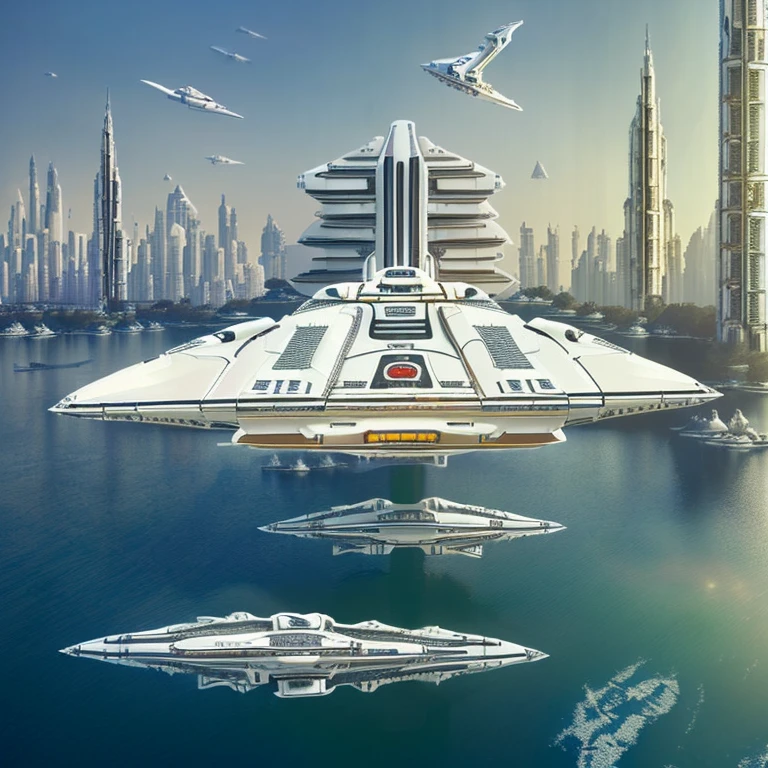 
masterpiece, Best Quality, Photo-realistic, RAW data, Ultra-detailed, High resolution, professional bright lighting, (spaceship of ivory color, luxury liner of space ship, :1.5) (spaceship floating on a future city, skyscraper, :1.8) future, SF, fantasy, super civilization, square frame, outer limit of human imagination, for music album jacket, 