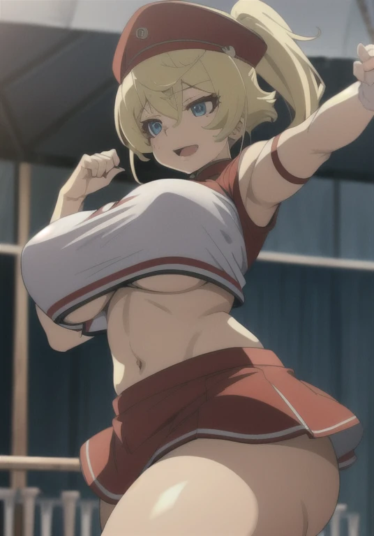 (masterpiece:1.2, best quality:1.2, beautiful, high quality, highres:1.1, aesthetic), detailed, extremely detailed, ambient soft lighting, 4K, perfect eyes, perfect face, perfect lighting, 1girl, solo, Tanya von Degurechaff, huge ass, huge breasts, huge thighs, narrow waist, wide hips, thick thighs, curvy, ponytail, , hands in the air, jumping, pompoms, cheerleader, cheerleader outfit, mini skirt, exposed midriff, underboob, bouncing breasts, collar,blushing,sweating, (breathing hard), (panting), anime, military hat, red pendant, smile,