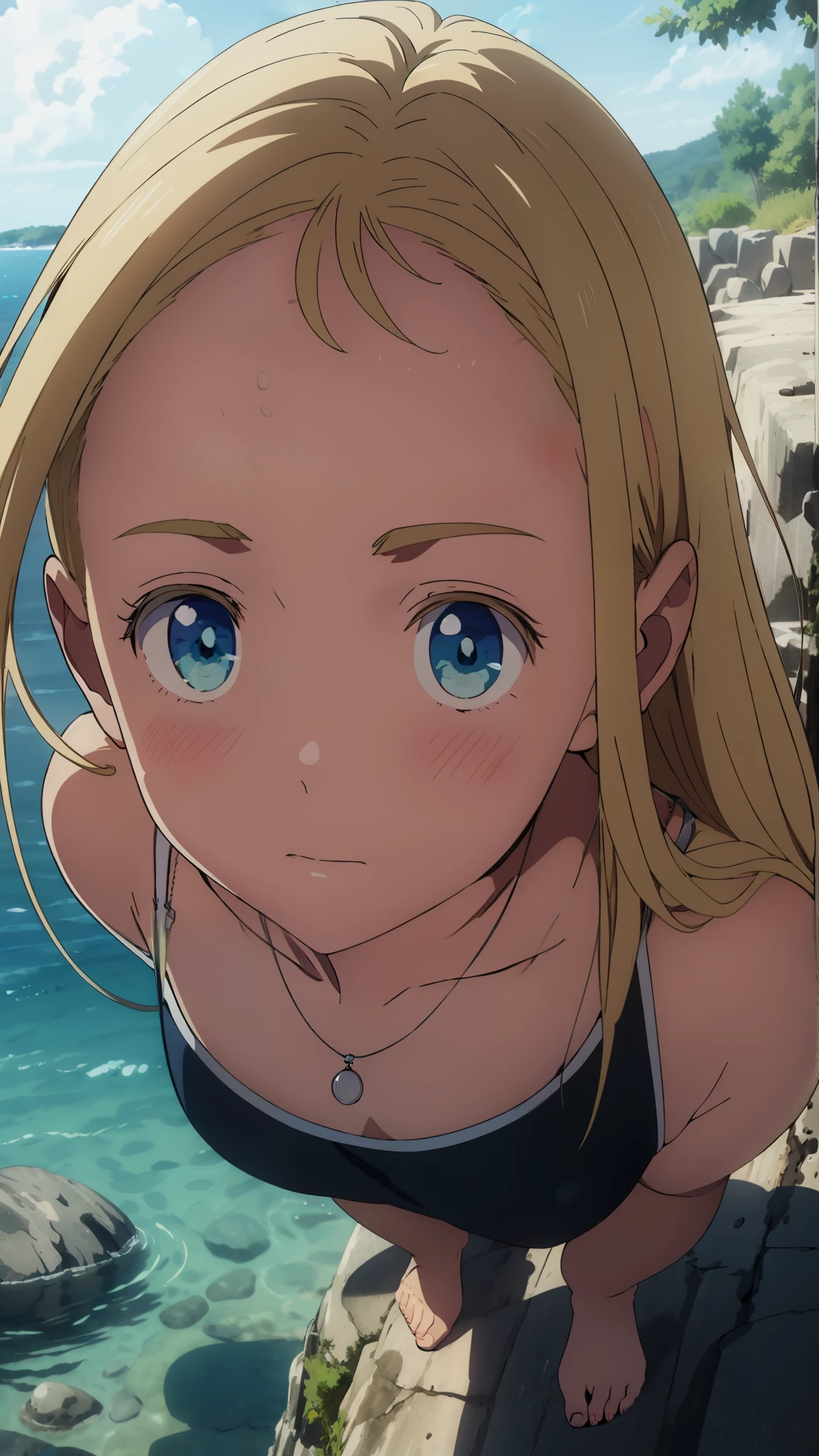 {{kofune ushio}}, {summertime render}, shining sky blue eyes, long blonde hair, medium breasts, blue one-piece swimsuit, bare shoulders, bare legs, school swimsuit, shell pendant, (Top view:1.2),(A face waiting for a kiss:1.3), (blush:1.5), 1girl, solo,very aesthetic, best quality, amazing quality, curated, illustration, highly detailed, anime coloring,close up face 
BREAK Super detailed, Official Art, unity 8k wallpaper, Night sea background
BREAK
Golden Hour, (Rim Light):1.2, Warm tones, Solar flare, Soft Shadows, Vibrant colors, Painterly effect, Dream-like atmosphere 
BREAK
Beautiful sea, Calm water, reflection, Clouds illuminated by the moon, Peaceful atmosphere, Beautiful starry sky, Super detailed, Official Art, unity 8k wallpaper , (nsfw:1.3)