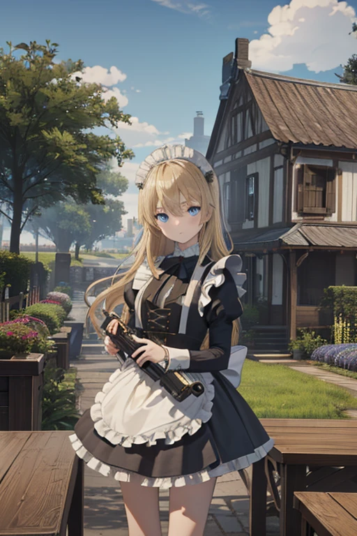 (8k, highest quality, Tabletop:1.2)、Ultra-high resolution, 14-year-old girl, Perfect Fingers, Detailed face, blue eyes, blonde, Straight hair, Long Hair, Black maid outfit, Western-style building、garden、revolver、Dual pistols