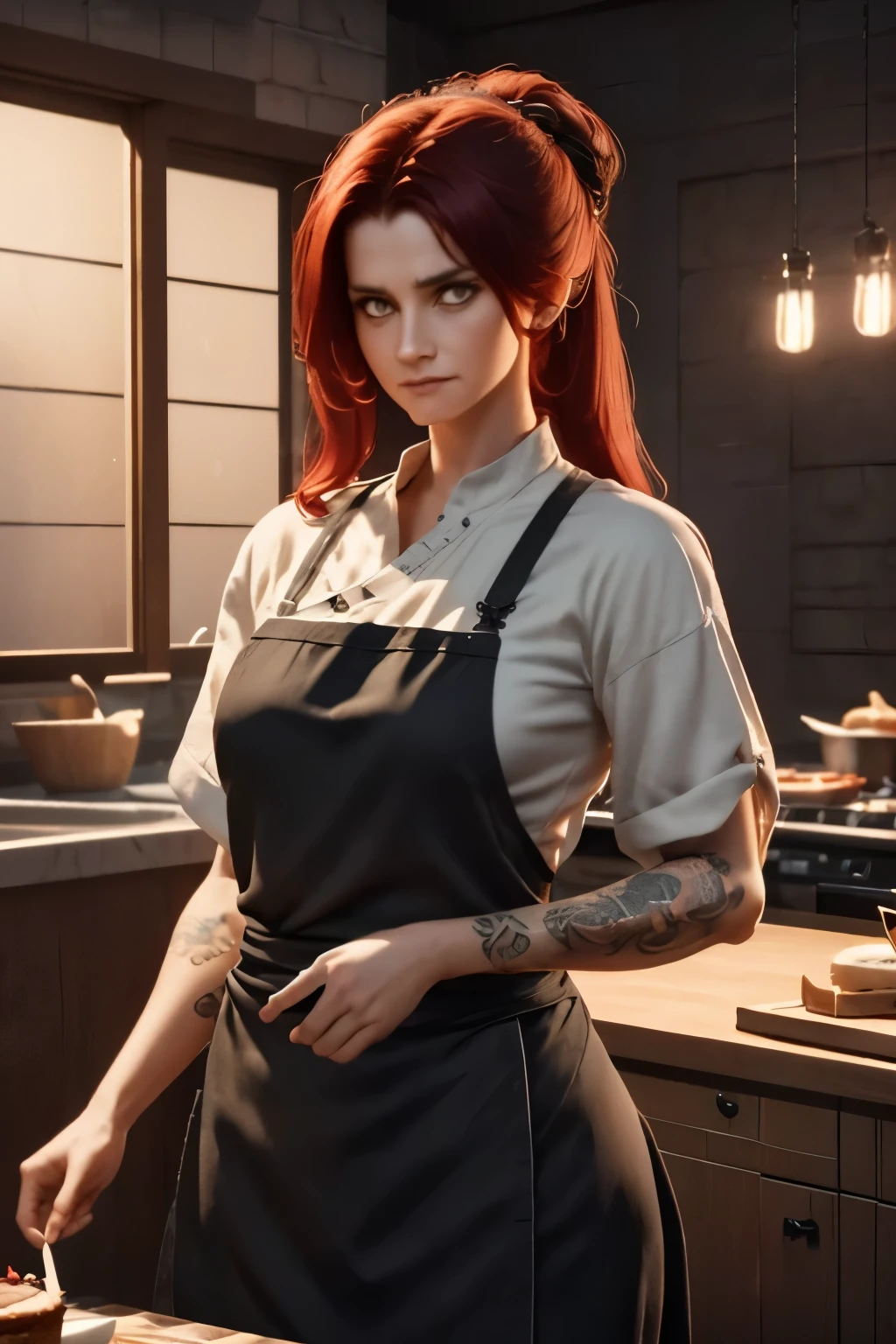 a woman with tattoo, (([red|black] hair)), long hair, wearing a black apron,  cooking, look at viewer, kitchen, cake and pie on background,  indoors, (soothing tones:1.0), (hdr:1.25), (artstation:1.2), dramatic, (intricate details:1.14), (hyperrealistic 3d render:1.16), (filmic:0.55), (rutkowski:1.1), (faded:1.3)