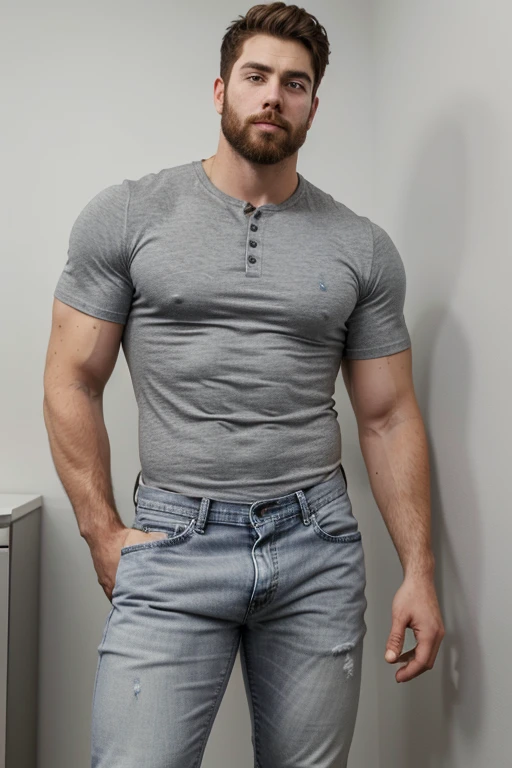 Un hombre con la cara se parece a braden werch., Su cuerpo es musculoso y pe barba dentada. Full body. Camisa Fajada, gray jeans, big bulge