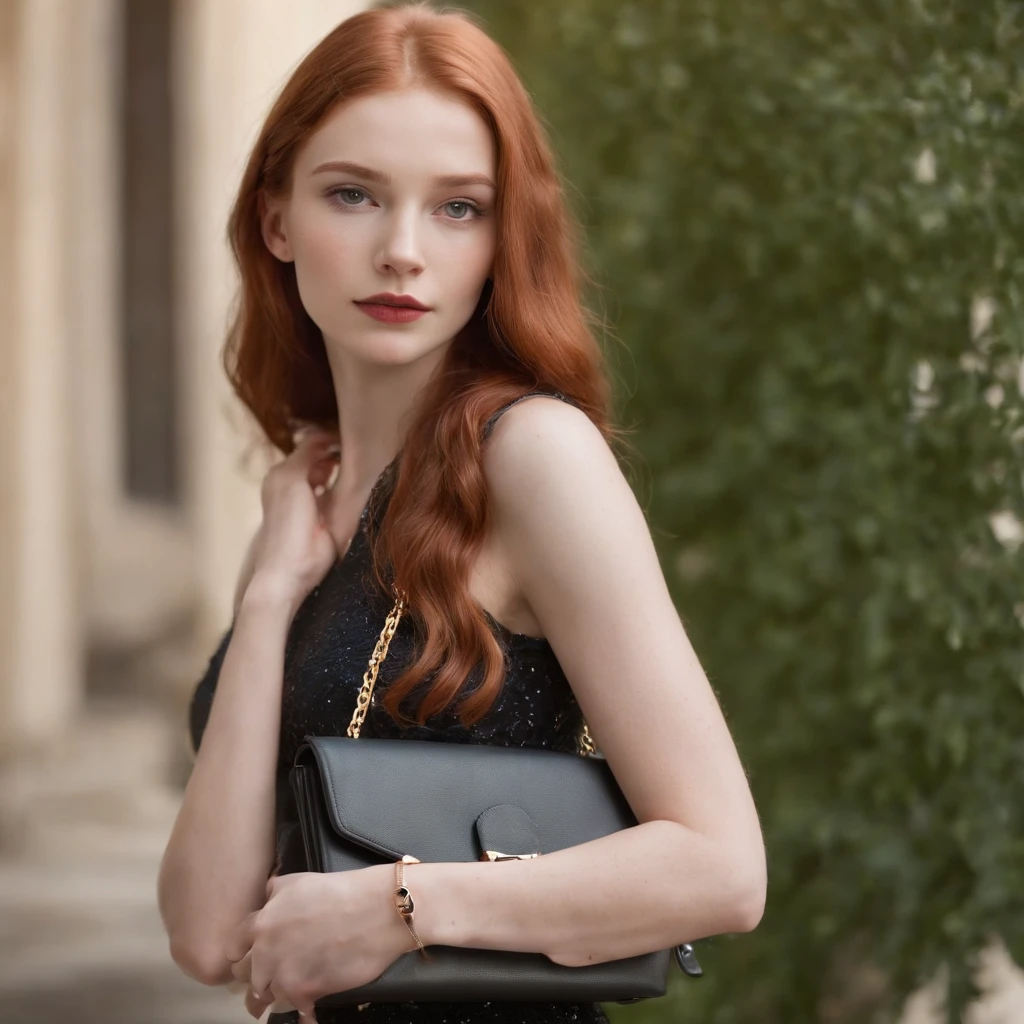 skinny redhead teen 18 years old, skintight dress, chic bag and jewelry