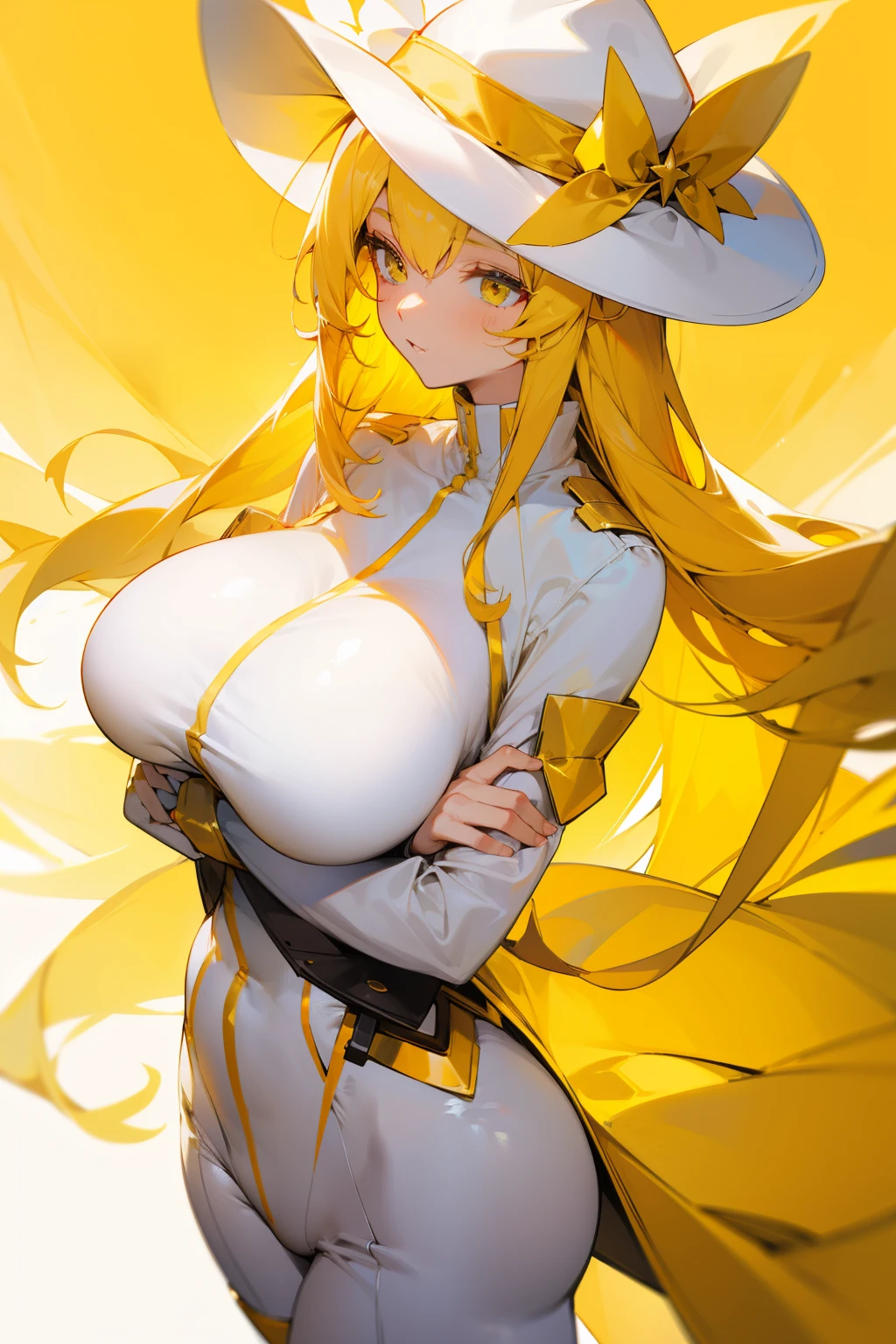 Girl, golden hat, tight white clothes, yellow hair, big , Yellow hair, big 