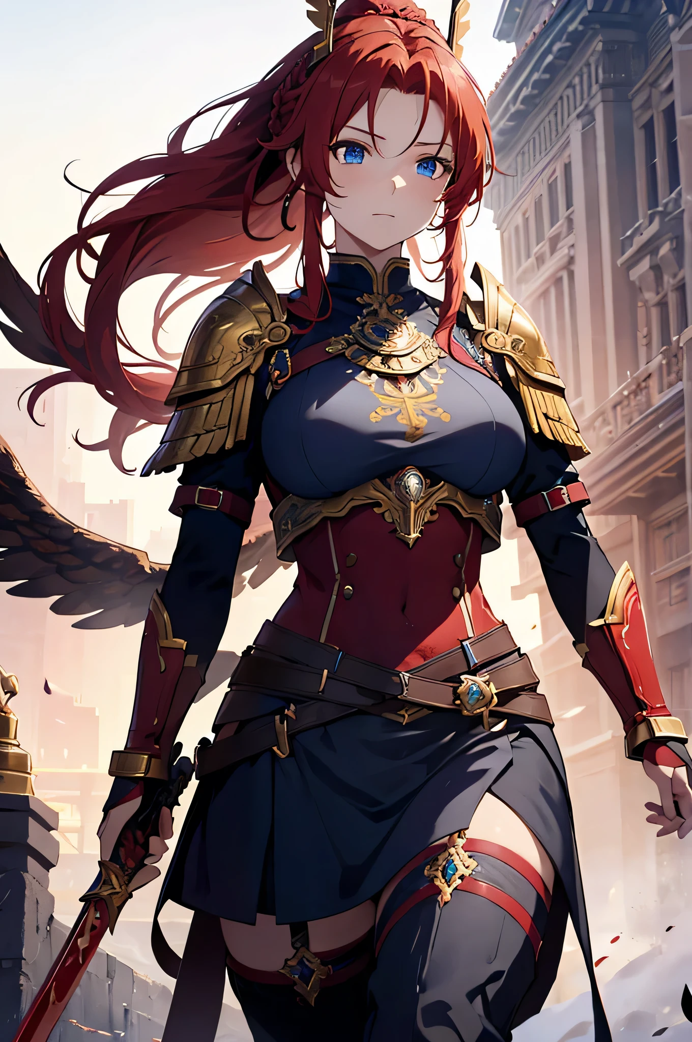 4k,High resolution,One Woman,Red Hair,Long Ponytail,Braid,Blue Eyes,Big Breasts,Valkyrie,Red sacred armor,Full Armor,Winged headgear,Gold decoration,Jewelry decoration,Great Holy Sword,Temple in the Sky