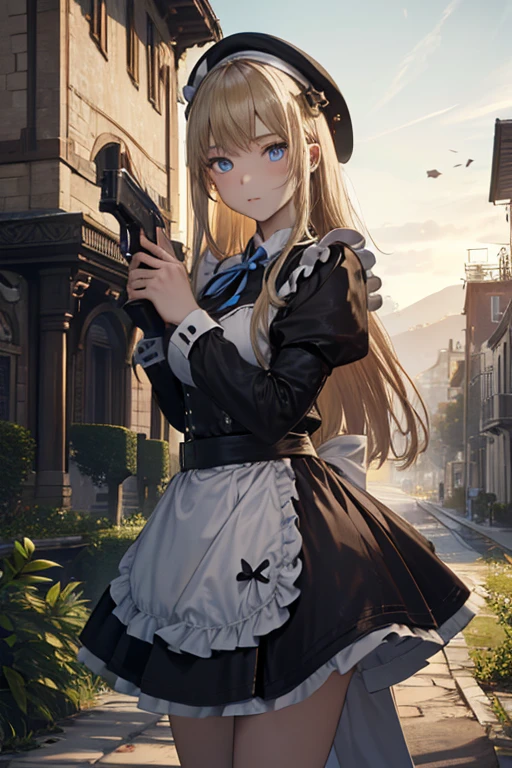 (8k, highest quality, Tabletop:1.2)、Ultra-high resolution, 14-year-old girl, Perfect Fingers, Detailed face, blue eyes, blonde, Straight hair, Long Hair, Black maid outfit,  Western-style building、garden、revolver、Dual pistols