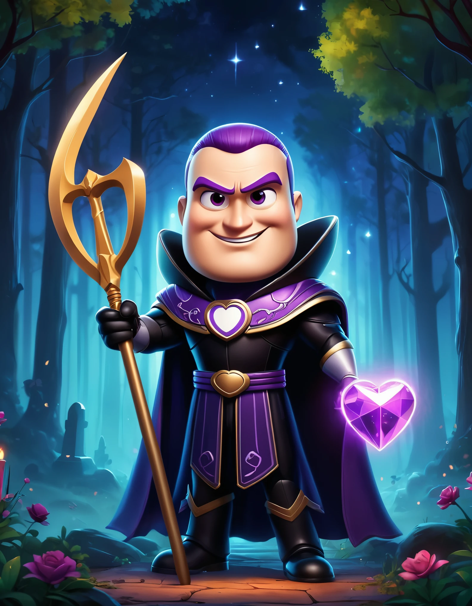 Cute cartoon illustration, (masterpiece in maximum 16K resolution, superb quality, ultra detailed:1.3), menacing ((Buzz Lightyear)) holding a decorative sharp scythe with the ((heart-shaped glowing top)), ((wearing an intricately designed sophisticated full dark cloak)) of purple, summer forest cemetery at misty night, (grand obelisk), ((blurry background)).