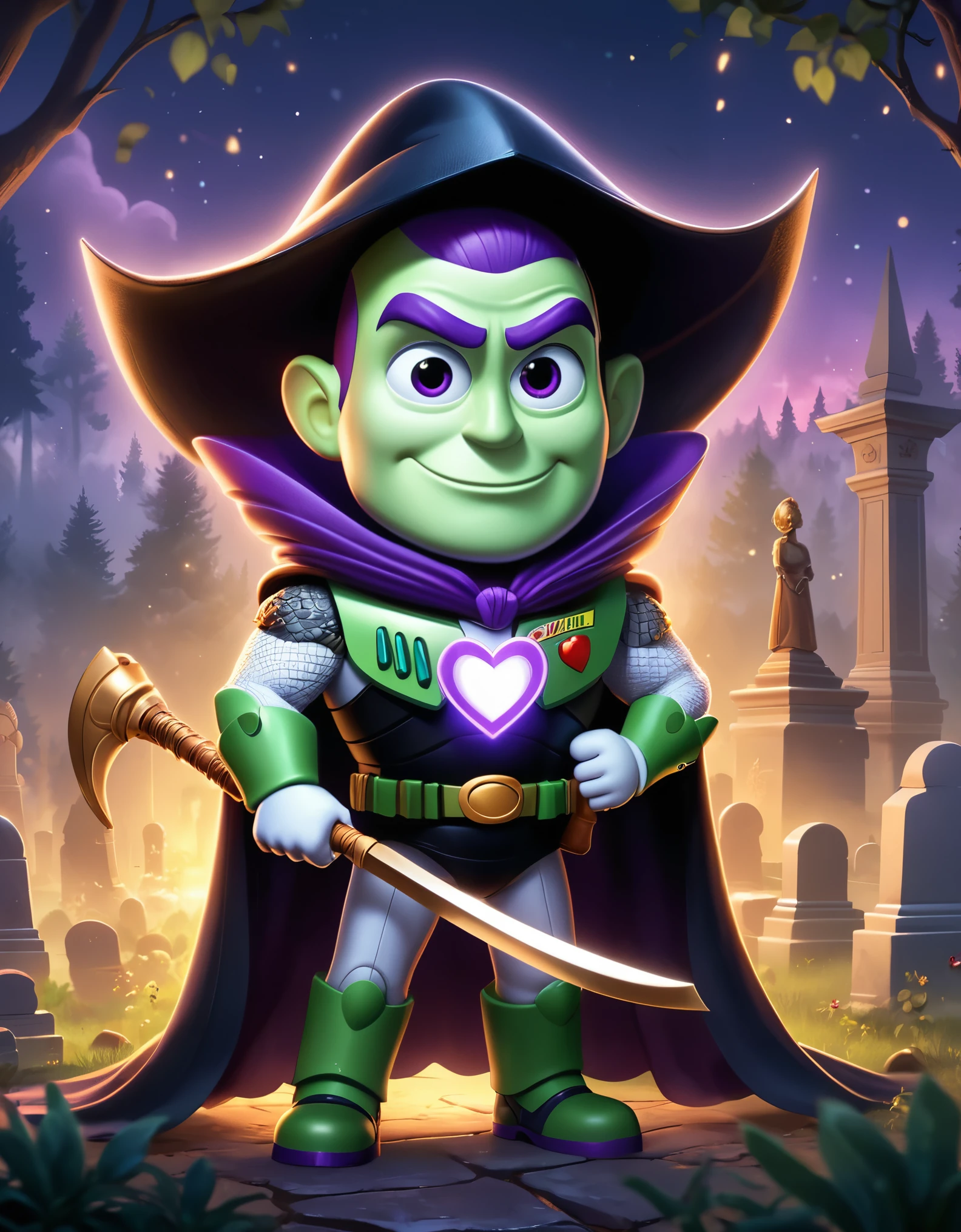 Cute cartoon illustration, (masterpiece in maximum 16K resolution, superb quality, ultra detailed:1.3), menacing ((Buzz Lightyear)) holding a decorative sharp scythe with the ((heart-shaped glowing top)), ((wearing an intricately designed sophisticated full dark cloak)) of purple, summer forest cemetery at misty night, (grand obelisk), ((blurry background)).