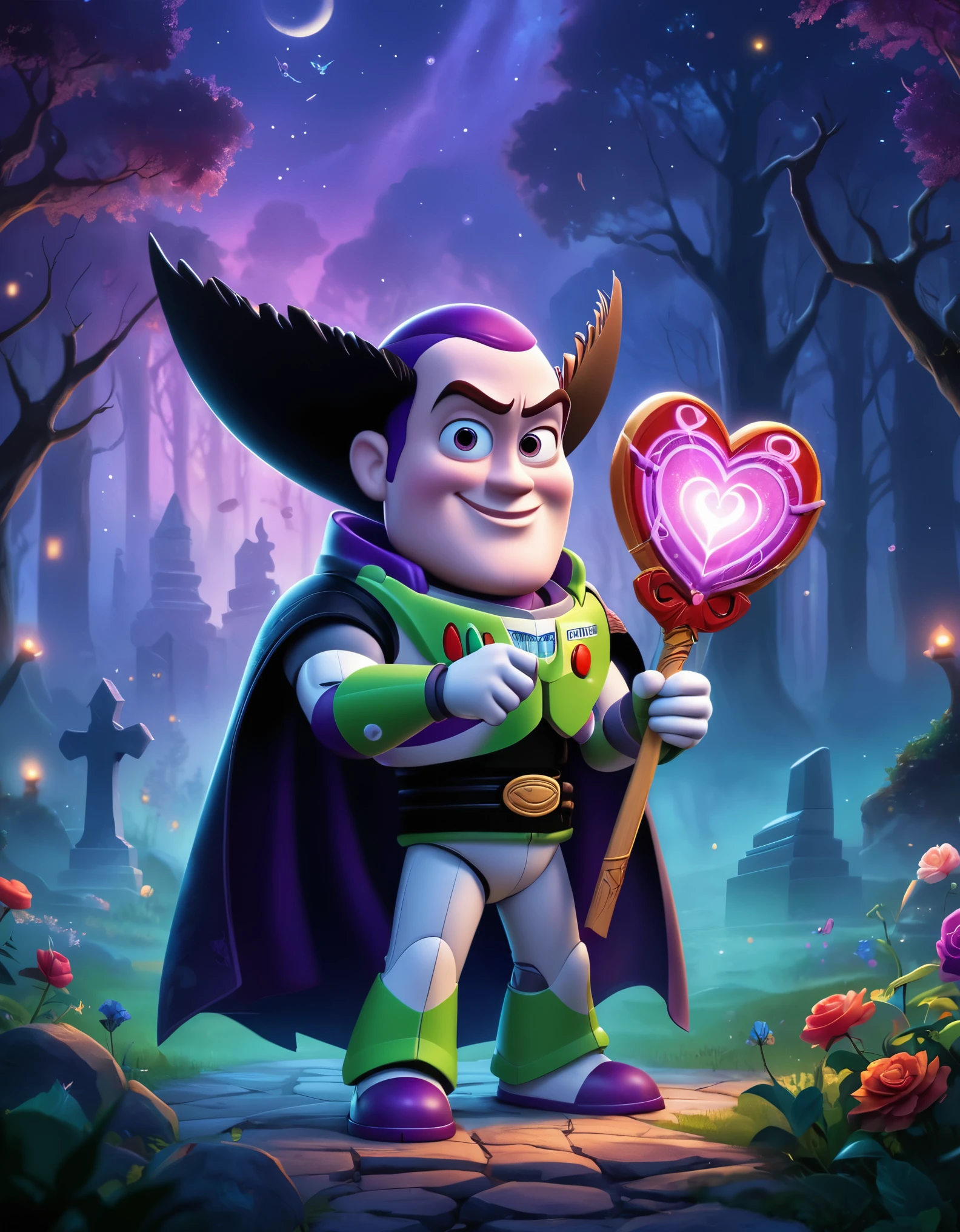 Cute cartoon illustration, (masterpiece in maximum 16K resolution, superb quality, ultra detailed:1.3), menacing ((Buzz Lightyear)) holding a decorative sharp scythe with the ((heart-shaped glowing top)), ((wearing an intricately designed sophisticated full dark cloak)) of purple, summer forest cemetery at misty night, (grand obelisk), ((blurry background)).