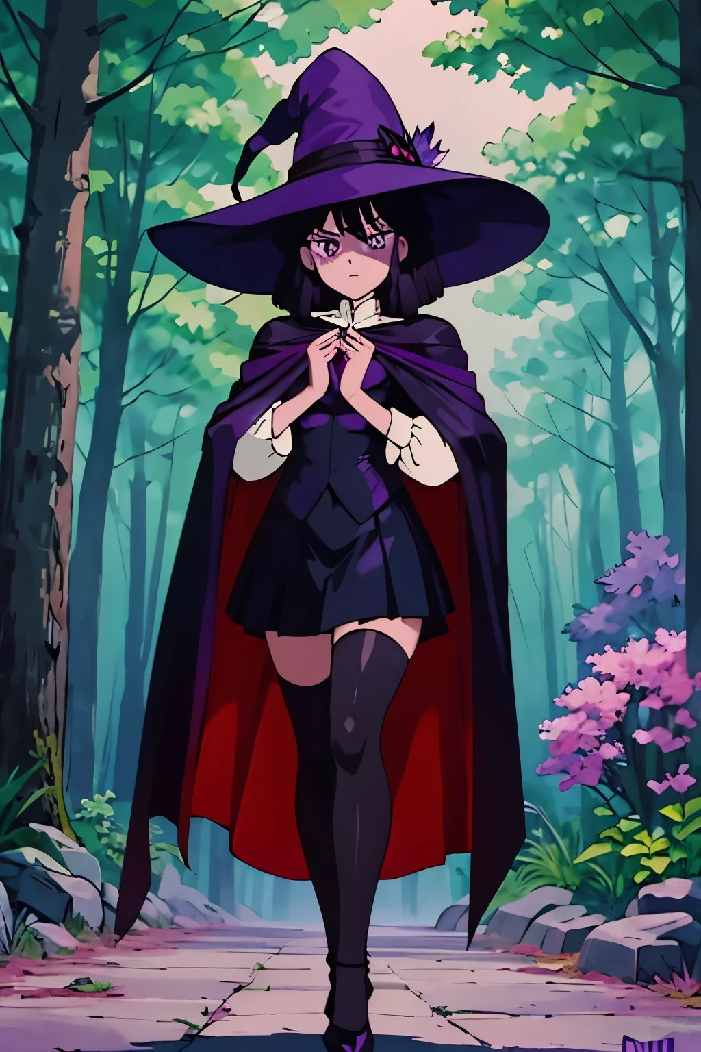 In the quiet town of Whispering Pines, where the veil between worlds is thin, resides a witch unlike any other. With her short black hair and eyes ablaze with purple iridescence, she moves through the misty streets cloaked in darkness. One fog-laden evening, as whispers of ancient incantations fill the air, she receives a mysterious summons from the depths of the forest. Clad in her signature attire, she ventures forth, her cloak trailing behind her like a shadowy specter. What mystical forces beckon her into the heart of the woods, and what secrets lie shrouded in the darkness, waiting to be unveiled by her formidable mastery of shadow magic? witch with short black hair, purple eyes, her uniform consists of a white long-sleeved blouse underneath a long, black cloak that reaches her feet. She also wears a short, black, pleated skirt and a pair of black thigh stockings with black, low-heeled Mary Jane shoes, she uses shadow magic