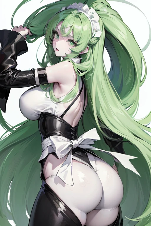 (girl),(anime),(young),(beautiful),(),(height 1.68cm),(white skin color),(green eyes and long green hair),(wearing), +,(a classic black and white maid uniform),((with a big ass),(and gigantic breasts),(Perfect image),(beautiful character),(high resolution image),(high quality image