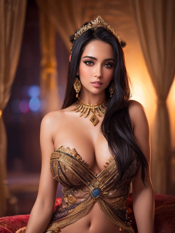 Princess Jasmine,25yo,feeling sensuous, nsfw titillating topless, masterpiece:1.2,ultra-detailed,realistic,photorealistic:1.37,studio lighting,bokeh,vivid colors,beautiful detailed eyes,beautiful detailed lips,extremely detailed face,flowing black hair,sparkling jewelry, nsfw flowing silk dress,exotic palace background,nighttime setting,elegant pose,dreamy expression,arabian nights theme,ethereal glow,rich color palette,soft and warm tones,shimmering lights
