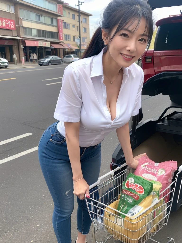 (masterpiece:1.5),(highest quality:1.5),(Highest quality:1.5),(8K:1.5),(Private Server:1.3),(Looking at this),Japanese beautiful mature woman,smile,Medium breast,(Neighborhood Wife:1.3),(The background is inside a supermarket building.),(Pushing a cart while shopping at the supermarket:1.2),Slender,Narrow waist,Beautiful and thin legs,(Leaning forward:1.3),Tight jeans,Business shirts,wedding ring,ponytail