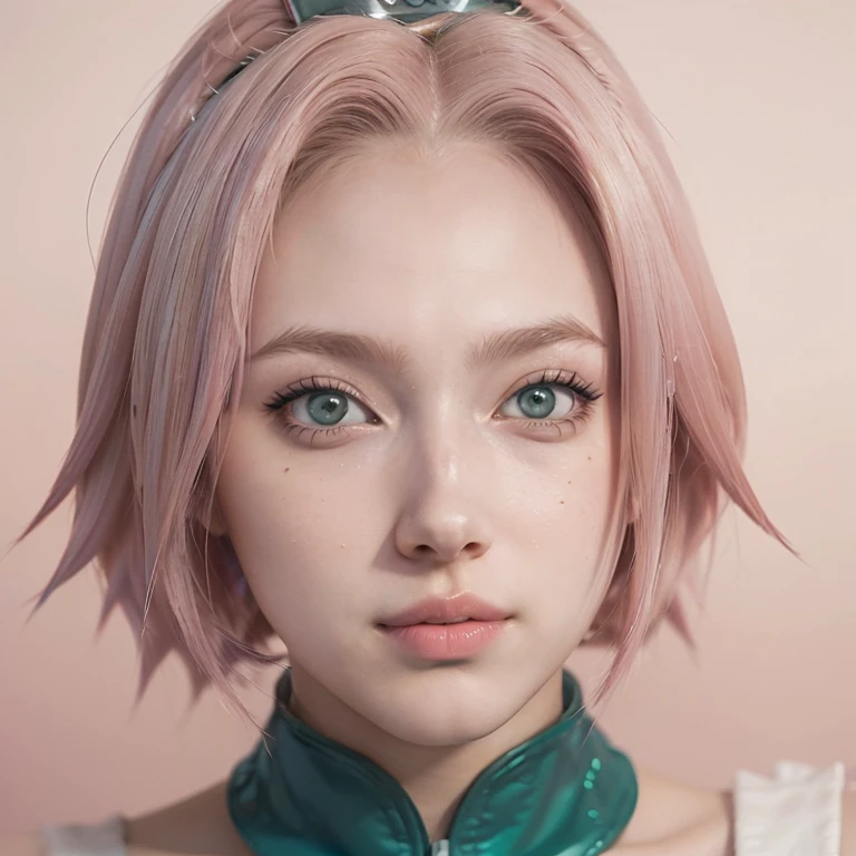 young woman, short shoulder-length pink hair, wide forehead, porcelain skin, pink eyebrows, big emerald green eyes, buttoned nose, full lips, heart-shaped face, slender body, small breasts, red tank top, Sakura Haruno , realistic, realism, details, 3d, well detailed
