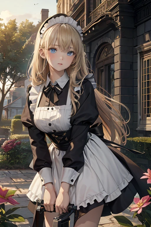 (8k, highest quality, Tabletop:1.2)、Ultra-high resolution, ****************, Perfect Fingers, Detailed face, blue eyes, blonde, Straight hair, Long Hair, Black maid outfit,  Western-style building、garden、machine gun