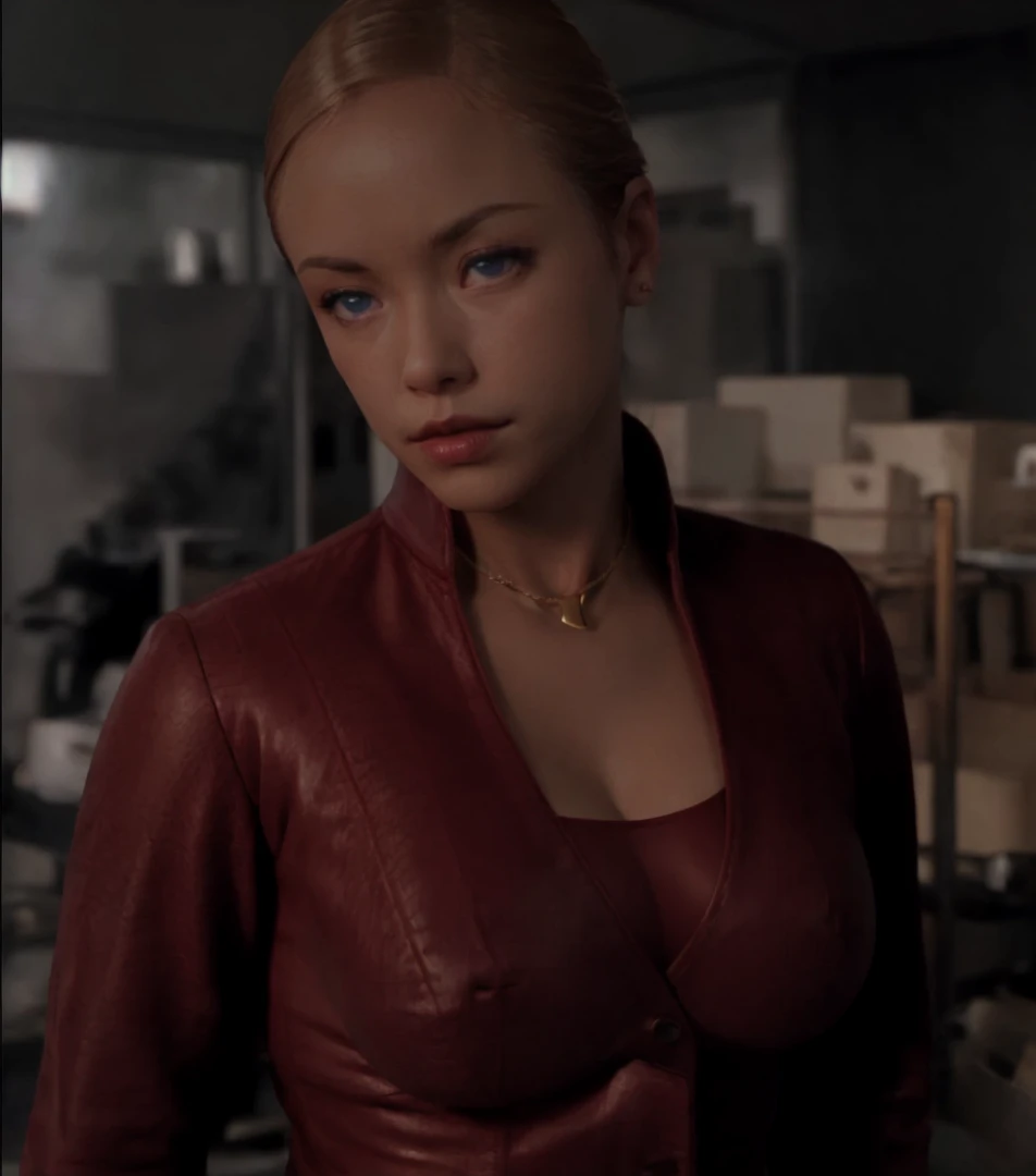 T3RMKL0K, blue eyed, medium to large size breast, perked breast resulting in cleavage, cleavage, big cleavage, red outfit, gold necklace