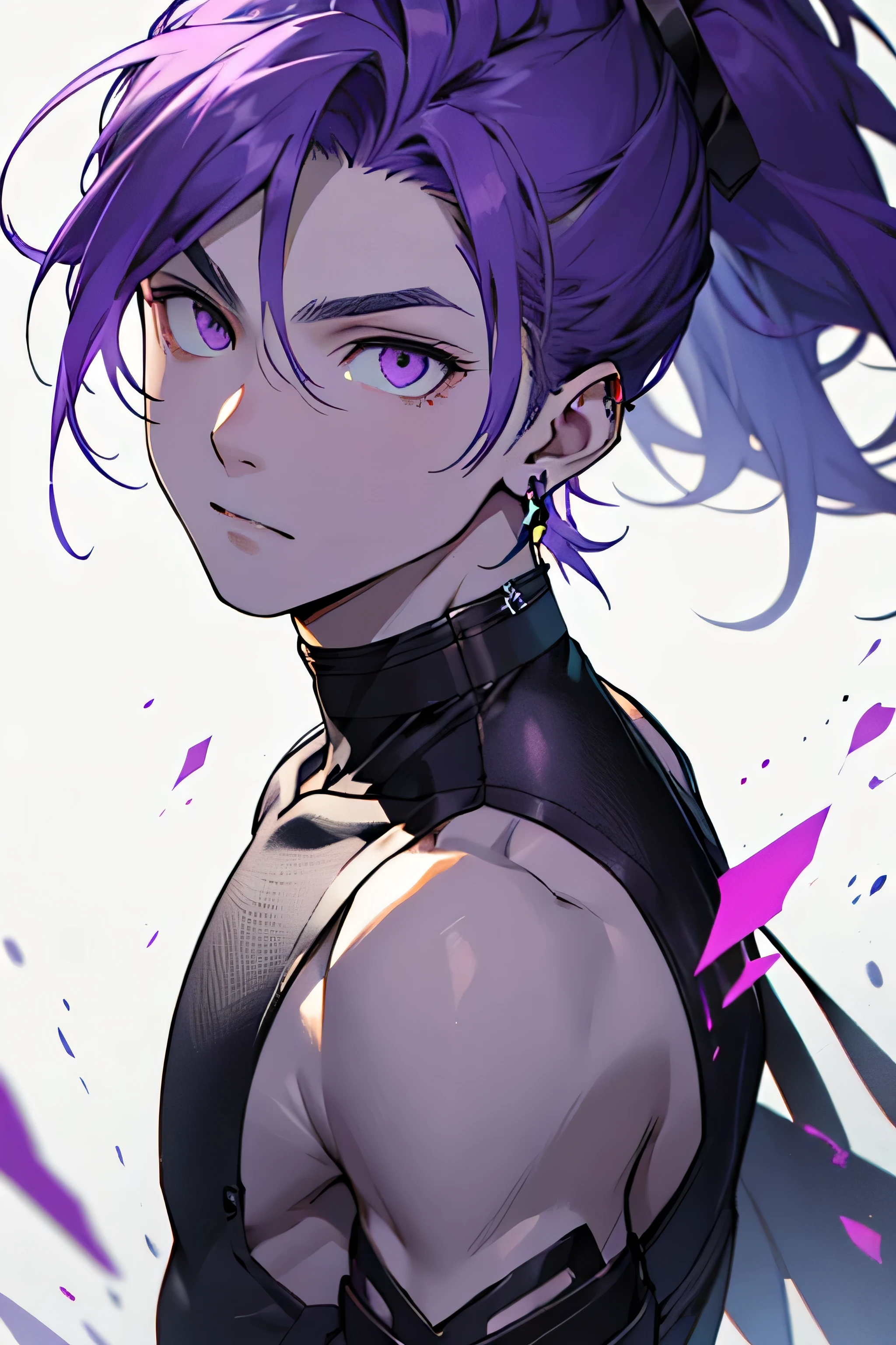 Teenage boy long loose purple hair bright purple eyes white skin small earrings gone crazy bad sanity 