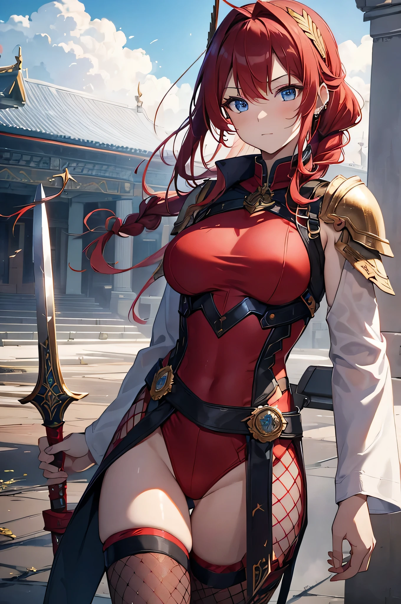 4k,High resolution,One Woman,Red Hair,Long Ponytail,Braid,Blue Eyes,Big Breasts,Valkyrie,Red sacred leotard armor,Winged headgear,Fishnet tights,Gold decoration,Jewelry decoration,Great Holy Sword,Temple in the Sky