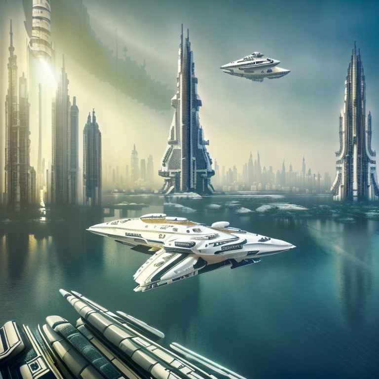 
masterpiece, Best Quality, Photo-realistic, RAW data, Ultra-detailed, High resolution, professional bright lighting, (spaceship of ivory color, luxury liner of space ship, :1.5) (spaceship floating on a future city, skyscraper, :1.8) future, SF, fantasy, super civilization, square frame, outer limit of human imagination, for music album jacket, 