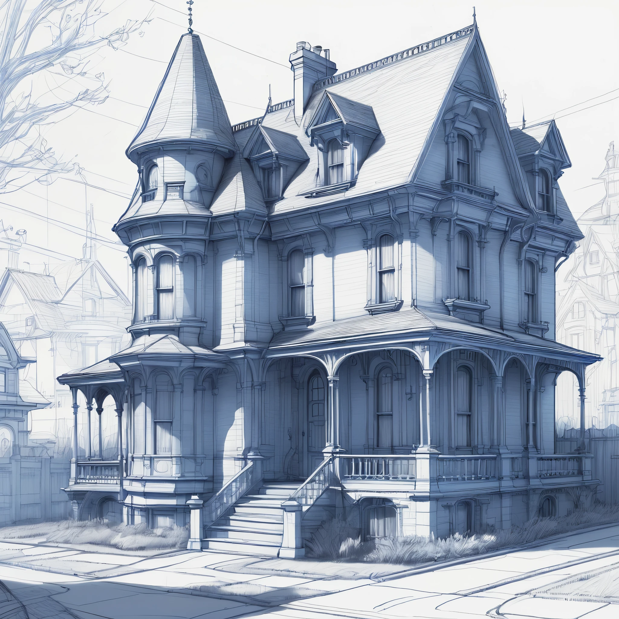 a drawing of a house on a city street, matte painting arcane dota pixar, in blueprint form, victorian manor, tron, 3dsmax, still from the pixar movie, haunted mansion, by Edmund Greacen, detailed innards, house, syndicate(2012), still from l'estate