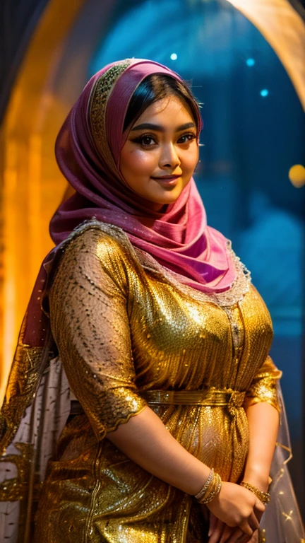 A Malay chubby goddess in a hijab and a gold lace veil, night, full moon, stars, fireflies, ((ultra sharp, high quality, masterpiece)), detailed detail, close up,
