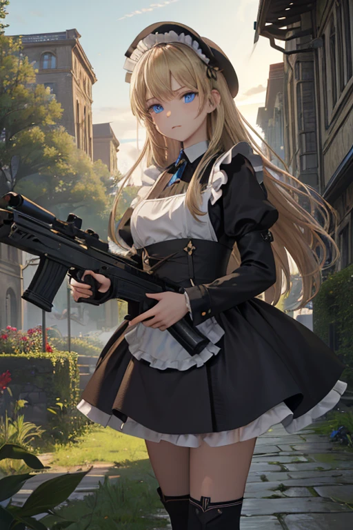 (8k, highest quality, Tabletop:1.2)、Ultra-high resolution, -yeld gi Perfect Fingers, Detailed face, blue eyes, blonde, Straight hair, Long Hair, Black maid outfit, Western-style building、garden、sniper rifle