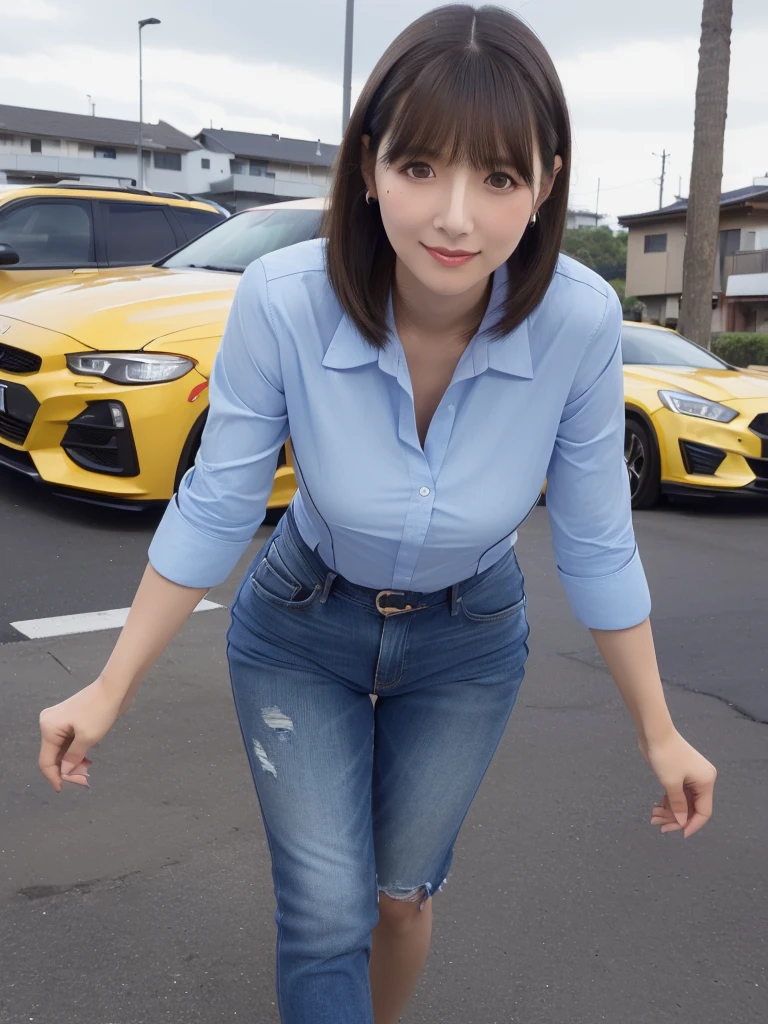 (masterpiece:1.5),(highest quality:1.5),(Highest quality:1.5),(8K:1.5),(Private Server:1.3),(Watching the audience),Japanese beautiful mature woman,smile,Medium breast,(Neighborhood Wife:1.3),(I am driving a car:1.2),Slender,Narrow waist,Beautiful and thin legs,(Leaning forward:1.3),Tight jeans,Business shirts,wedding ring,ponytail