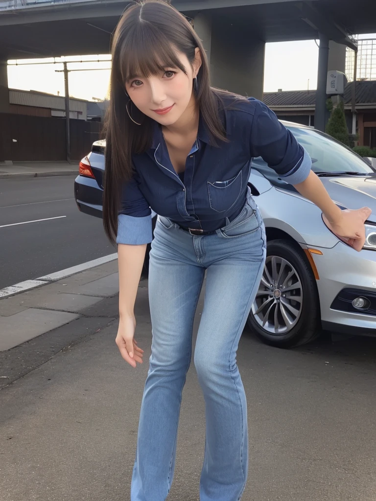 (masterpiece:1.5),(highest quality:1.5),(Highest quality:1.5),(8K:1.5),(Private Server:1.3),(Watching the audience),Japanese beautiful mature woman,smile,Medium breast,(Neighborhood Wife:1.3),(I am driving a car:1.2),Slender,Narrow waist,Beautiful and thin legs,(Leaning forward:1.3),Tight jeans,Business shirts,wedding ring,ponytail