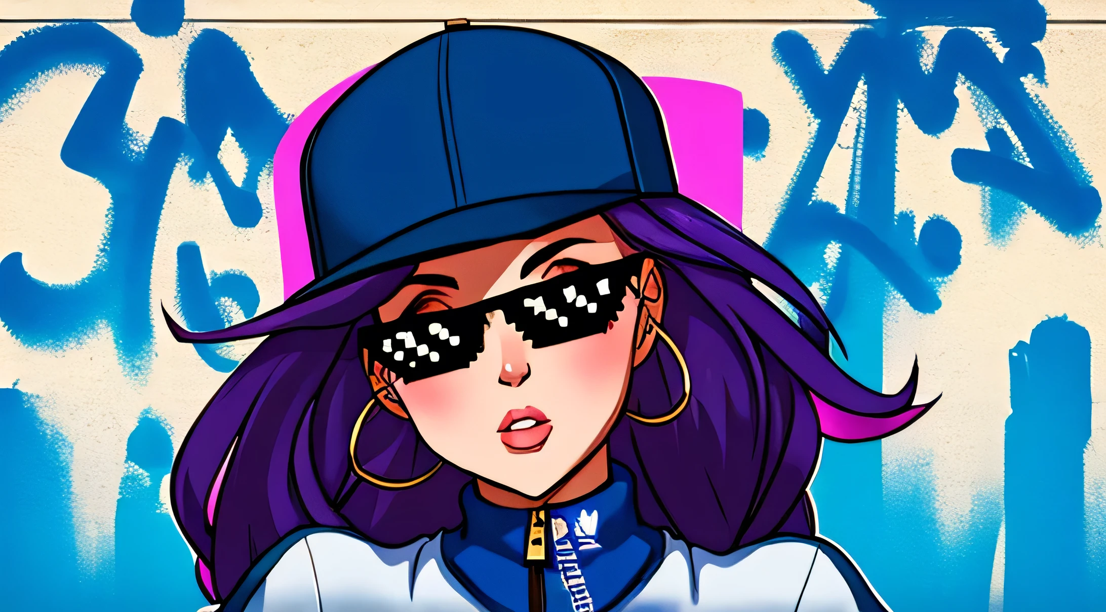 (hip hop scene) a hip hop confidant badass girl graffiti artist DealWithIt badass selfie pose on graffiti wall pov
from below