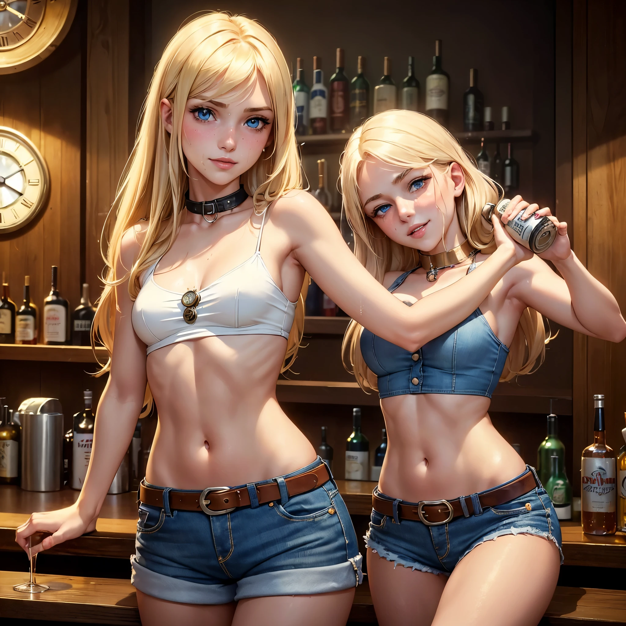 (masterpiece, highest quality:1.4), (8k), Beautiful young blonde woman, (((18-year-old, pretty girl))), Detailed blue eyes, Long eyelashes, blush, A kind smile, Cowboy Shot, Sleeveless collar shirt. Small breasts, Denim shorts,belt,((clock:1.2)), (Show Viewer), Beautiful blonde hair, White skin, Long Hair, Parted bangs,Navel exposed, (Small breasts), (underground), (Dark Light),(Being drunk:1.7),(Drink at the bar:1.5)