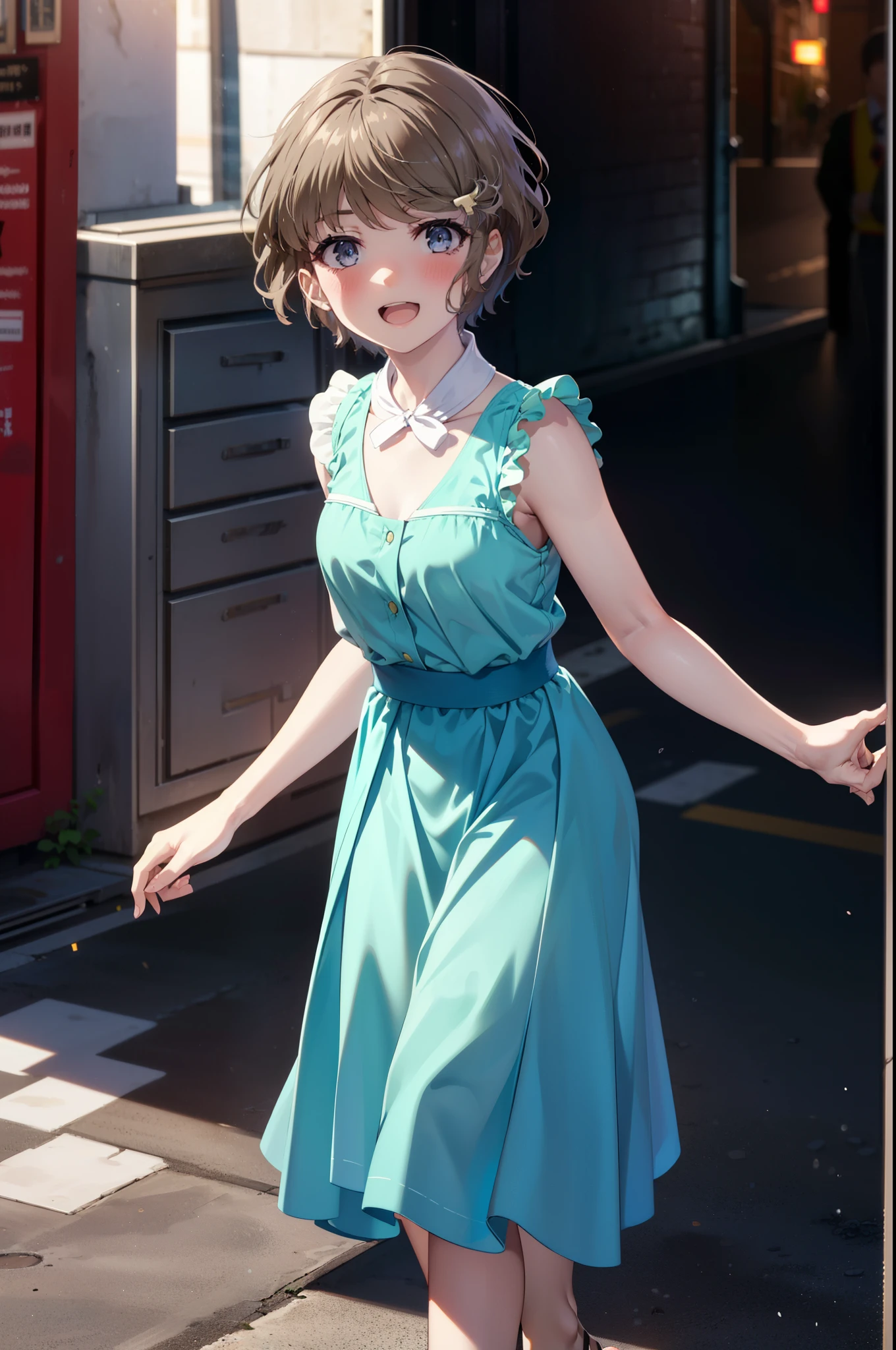 tomoekoga, Chie Koga, short hair, Brown Hair, blue eyes, Hair Clip,happy smile, smile, Open your mouth,Blue sleeveless dress,Blue long skirt,Cute Sandals,Bare arms,whole bodyがイラストに入るように,Walking,Daytime,Clear skies,
break outdoors, In town,Building district,
break looking at viewer, whole body,
break (masterpiece:1.2), highest quality, High resolution, unity 8k wallpaper, (figure:0.8), (Beautiful fine details:1.6), Highly detailed face, Perfect lighting, Highly detailed CG, (Perfect hands, Perfect Anatomy),