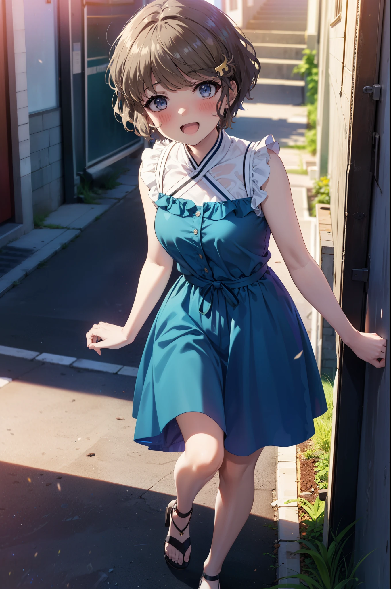 tomoekoga, Chie Koga, short hair, Brown Hair, blue eyes, Hair Clip,happy smile, smile, Open your mouth,Blue sleeveless dress,Blue long skirt,Cute Sandals,Bare arms,whole bodyがイラストに入るように,Walking,Daytime,Clear skies,
break outdoors, In town,Building district,
break looking at viewer, whole body,
break (masterpiece:1.2), highest quality, High resolution, unity 8k wallpaper, (figure:0.8), (Beautiful fine details:1.6), Highly detailed face, Perfect lighting, Highly detailed CG, (Perfect hands, Perfect Anatomy),