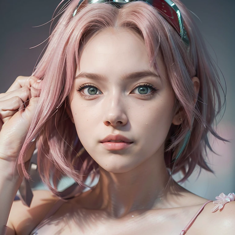 young woman, short shoulder-length pink hair, wide forehead, porcelain skin, pink eyebrows, big emerald green eyes, buttoned nose, full lips, heart-shaped face, slender body, small breasts, red tank top, Sakura Haruno , realistic, realism, details, 3d, well detailed
