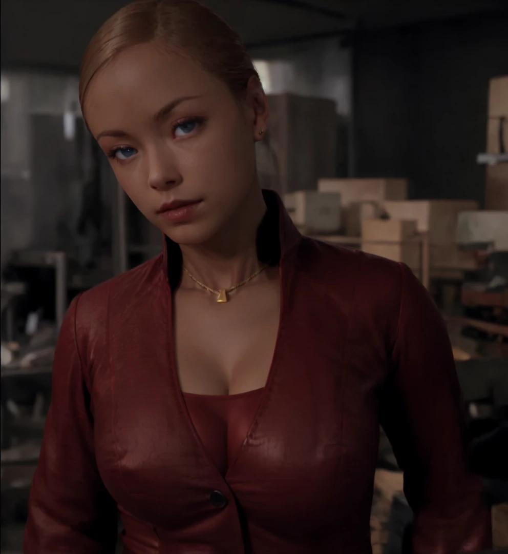T3RMKL0K, blue eyed, medium to large size breast, perked breast resulting in cleavage, cleavage, big cleavage, red outfit, gold necklace