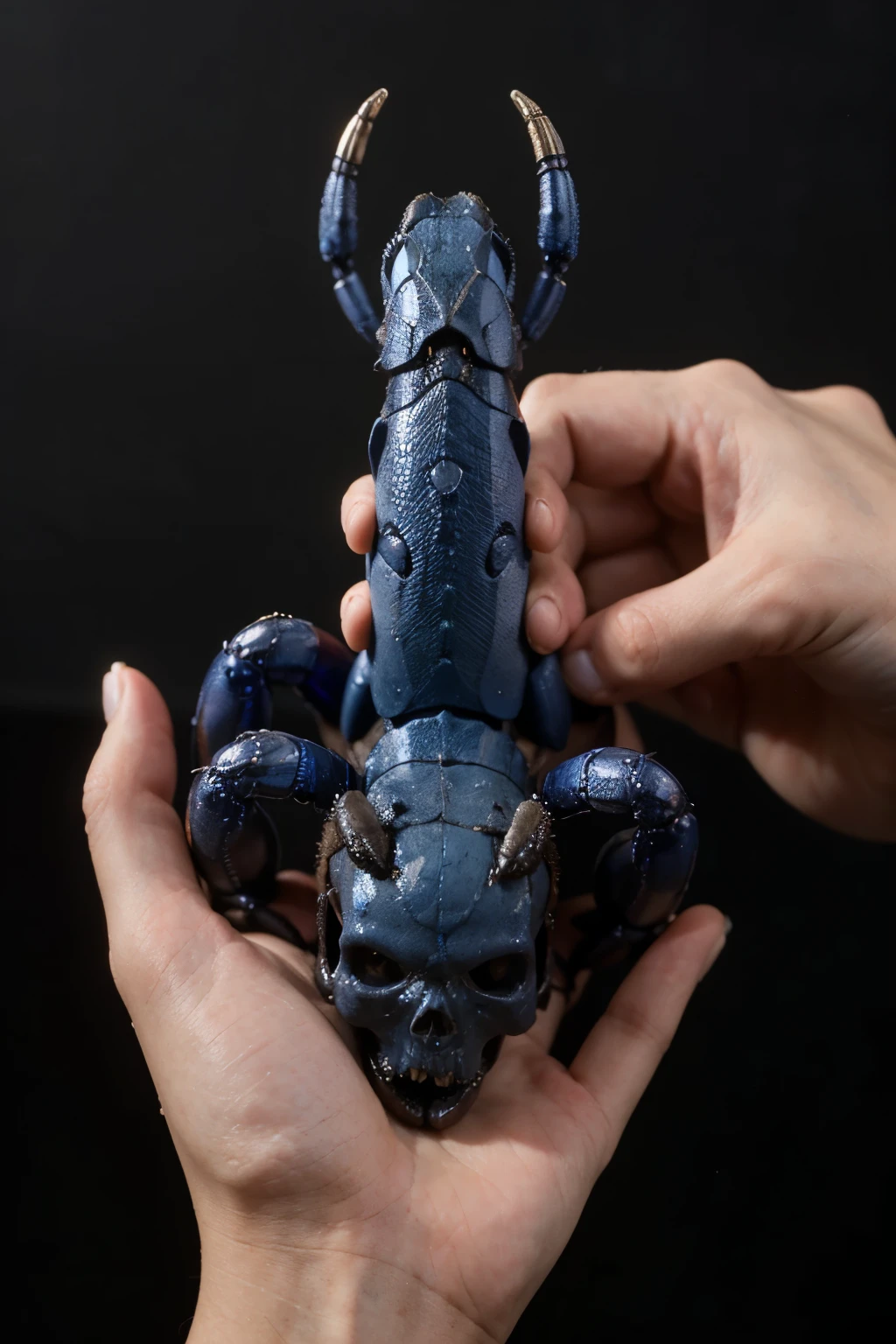 A blue scorpion holding a skull with its paws and its stinger passing between the skull&#39;s eyes, ((melhor qualidade))